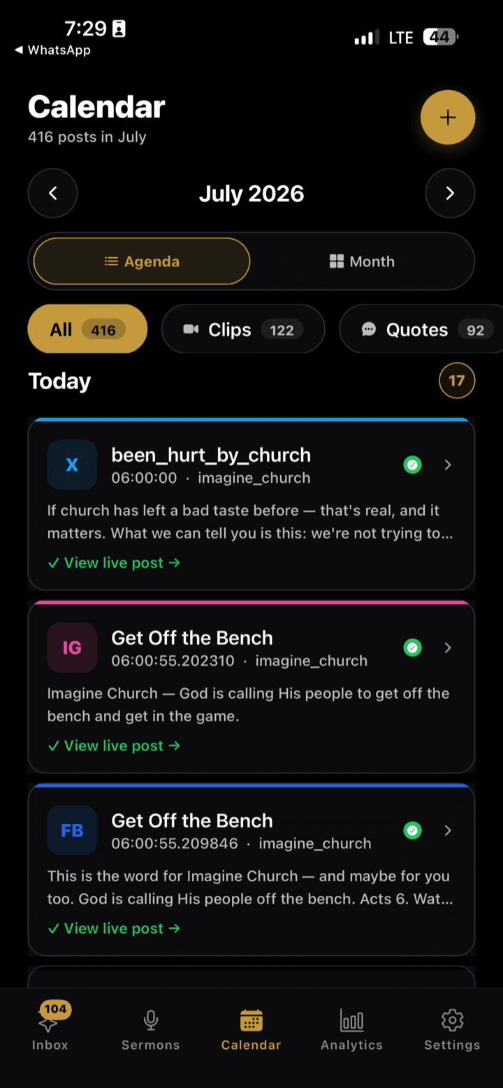 Agenda — Every post scheduled, down to the minute.
